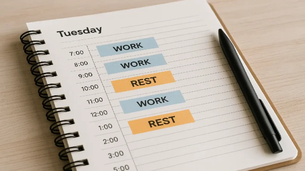 Agenda com blocos de trabalho e descanso, representando a importância de definir limites entre vida profissional e pessoal no empreendedorismo.