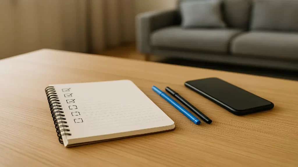 Checklist com caderno e canetas sobre mesa, representando como iniciar negócio online com propósito.