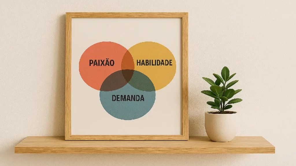 Como escolher um nicho para empreender online representado por um quadro com três círculos coloridos (paixão, habilidade e demanda) sobrepostos, ilustrando a interseção ideal para definir um nicho com propósito e lucro.