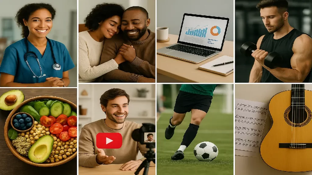 Como escolher um nicho para empreender online: exemplos visuais de nichos digitais lucrativos e com propósito, incluindo saúde, relacionamentos, finanças, alimentação saudável, fitness, educação, carreira e música.