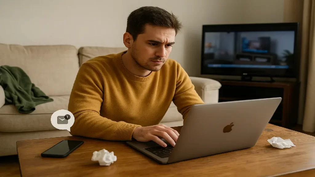 Homem distraído trabalhando em casa com TV ligada ao fundo, representando como as distrações causam procrastinação e afetam a produtividade no home office.