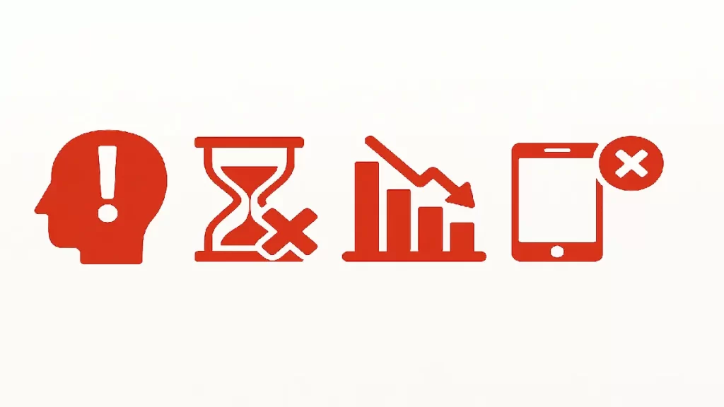 Ícones em vermelho representando erros de iniciantes no negócio online: distração mental, má gestão do tempo, queda de resultados e uso excessivo de celular.