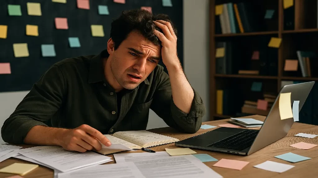 Homem sobrecarregado com muitos papéis e post-its na mesa, representando o excesso de tarefas e a falta de rotina no empreendedorismo.