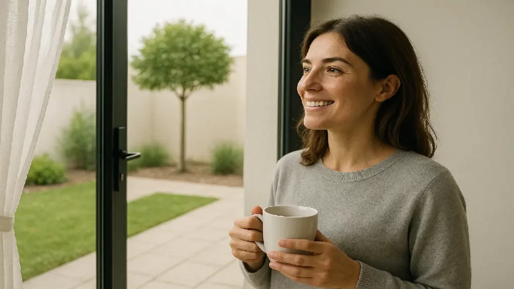 Mulher sorrindo com xícara na mão olhando pela janela, simbolizando superação da procrastinação, bem-estar emocional e produtividade com propósito no home office.