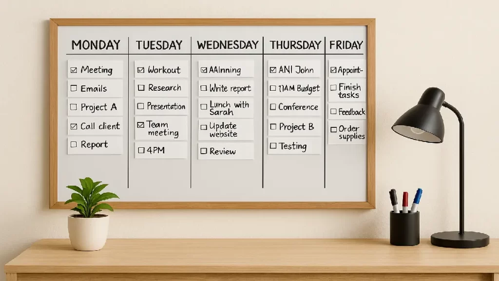Quadro semanal de tarefas organizadas para evitar a procrastinação e aumentar a clareza no trabalho em casa.