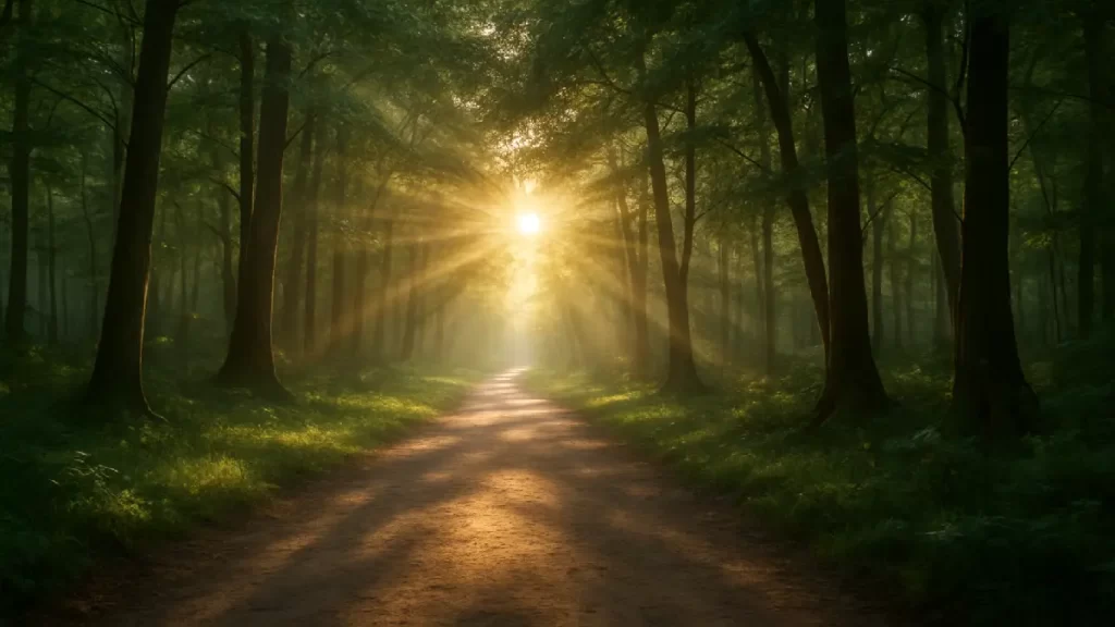 Caminho na floresta iluminado pelo sol ao fundo, simbolizando a jornada de transformação e como desenvolver seu interior com propósito.