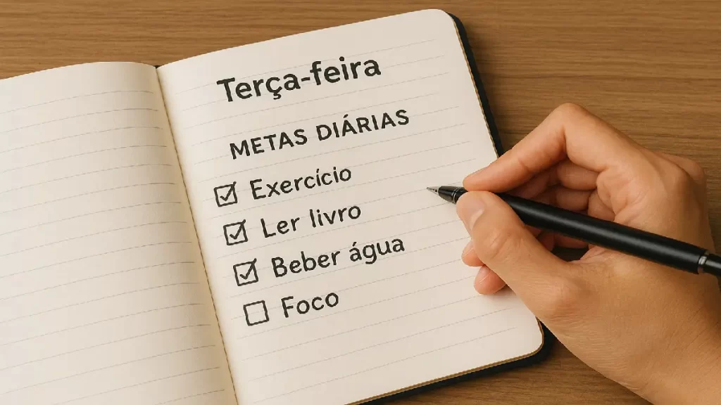 Página de diário com metas diárias escritas à mão, representando uma rotina prática de como desenvolver seu interior com constância.