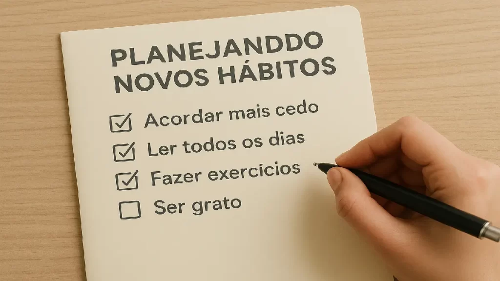 Pessoa escrevendo em um caderno com checklist de novos hábitos como acordar cedo, ler, fazer exercícios e ser grato, representando estratégias de desenvolvimento pessoal