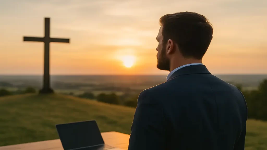 Empreendedor cristão contemplando a cruz ao pôr do sol, simbolizando princípios bíblicos para empreendedores que desejam unir fé e sucesso.
