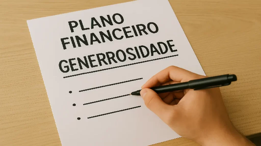 Plano financeiro com foco em generosidade sendo escrito à mão, simbolizando princípios bíblicos para empreendedores na gestão de recursos.