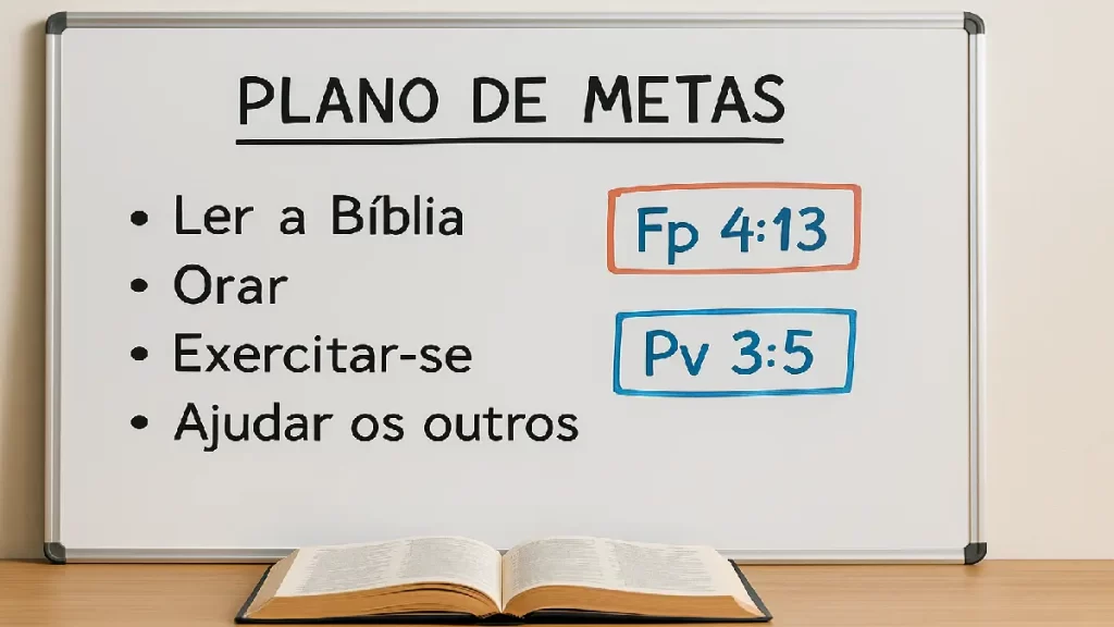 Quadro branco com plano de metas baseado na Bíblia, incluindo versículos, representando princípios bíblicos para empreendedores.
