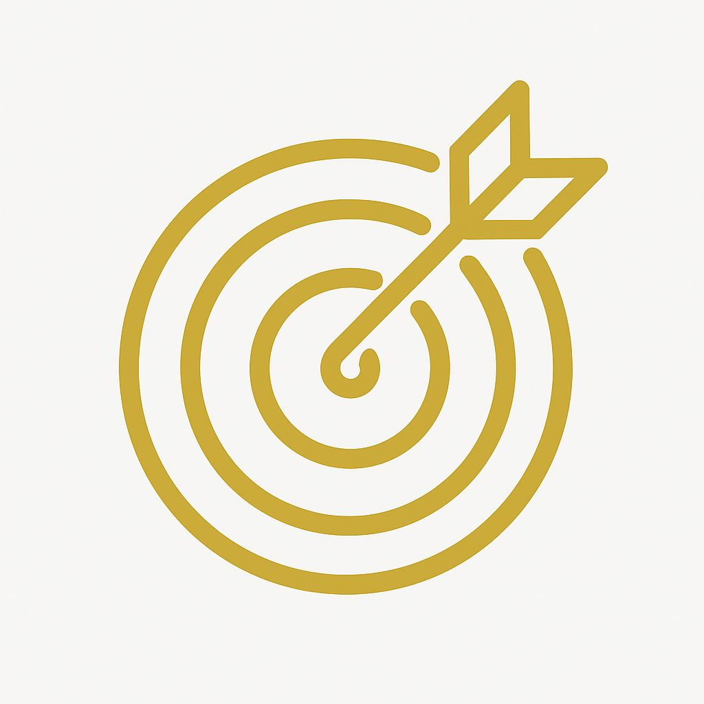 Ícone dourado de missão com alvo e seta, representando foco e direção para alcançar objetivos