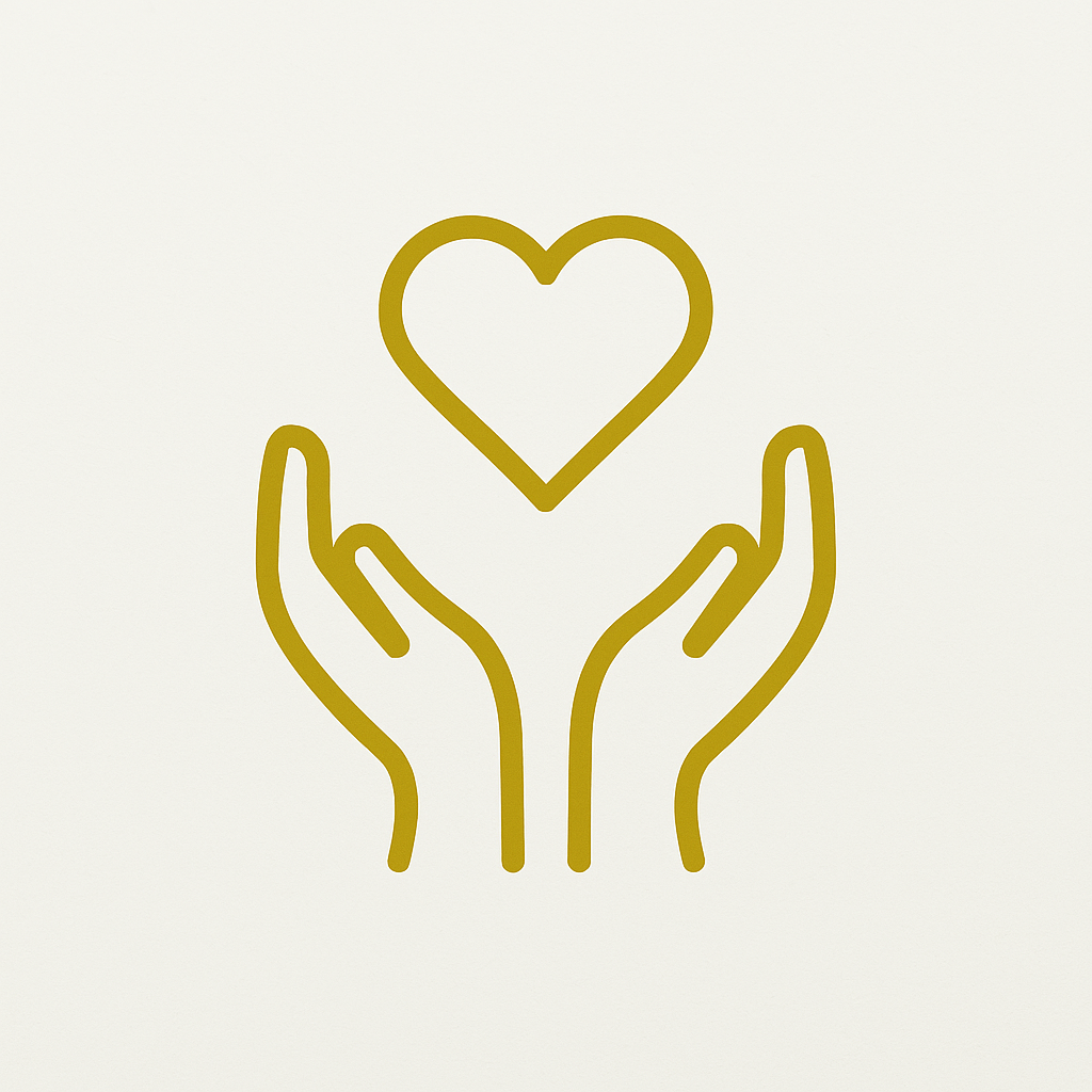 Ícone dourado de mãos segurando um coração, representando os valores fundamentais de cuidado, empatia e compromisso com o próximo