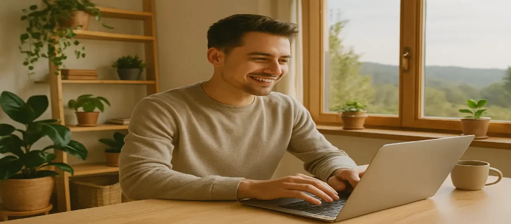 Homem feliz trabalhando em casa no computador, com ambiente organizado e plantas ao fundo, simbolizando equilíbrio entre propósito de vida, carreira e rotina.