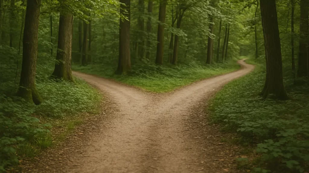 Caminho se dividindo em dois na floresta, simbolizando dúvida e obstáculos na jornada do propósito de vida