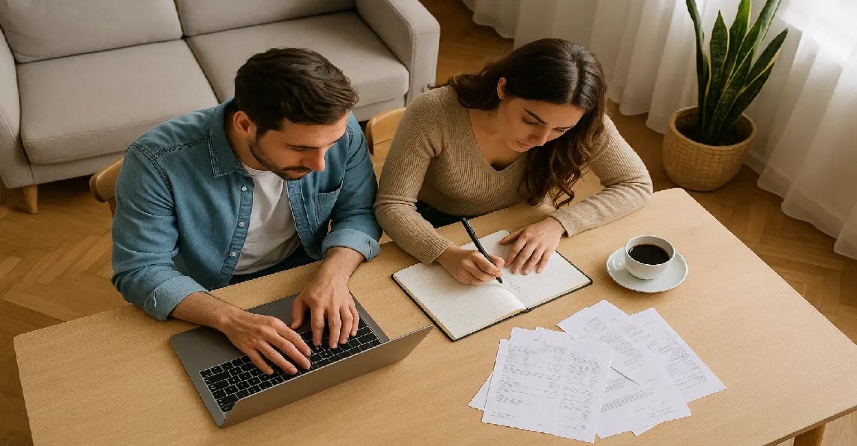 Casal sentado à mesa organizando as finanças familiares com notebook, caderno e papéis