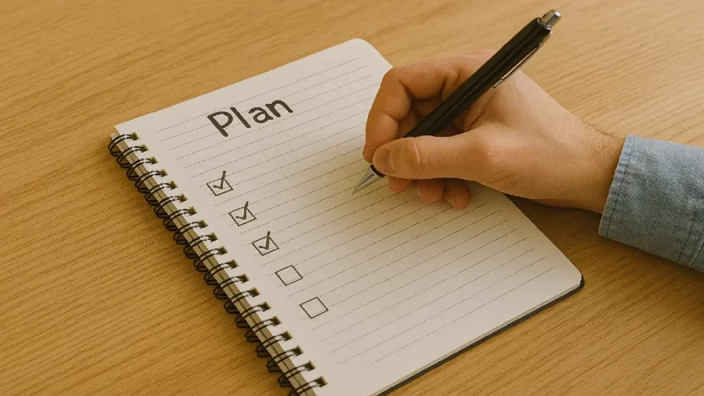 Checklist escrito “Plan” sendo preenchido à mão, representando o planejamento e os passos práticos para uma tomada de decisão empreendedora com clareza.