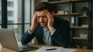 Homem com expressão de ansiedade no trabalho, representando os desafios de como controlar ansiedade no empreendedorismo.