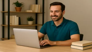 Homem sorridente trabalhando em um notebook, representando como iniciar um negócio online com propósito.