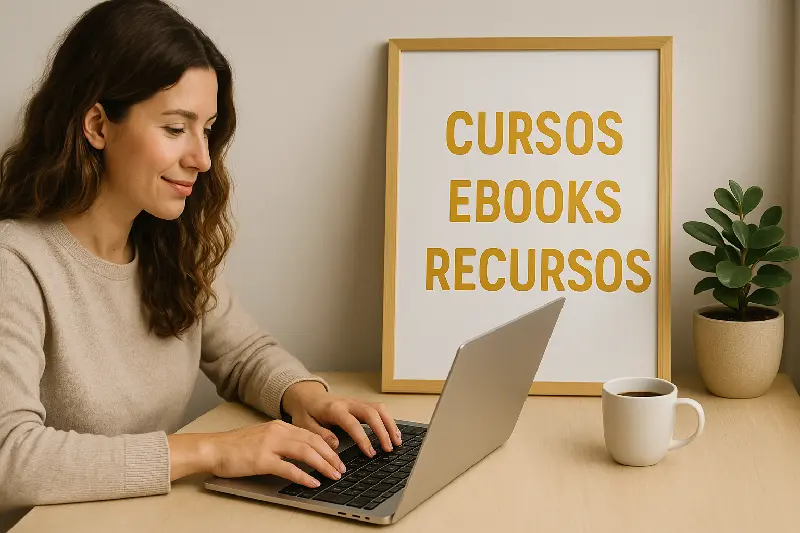 Mulher sorridente digitando no notebook ao lado de um quadro com as palavras cursos, ebooks e recursos, simbolizando aprendizado contínuo e transformação pessoal