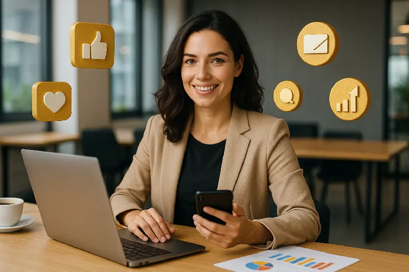 Mulher sorridente usando notebook e celular com ícones dourados representando redes sociais e crescimento profissional