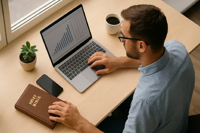 Homem trabalhando no notebook com gráfico de crescimento enquanto mantém a mão sobre uma Bíblia, representando a união entre fé cristã e empreendedorismo