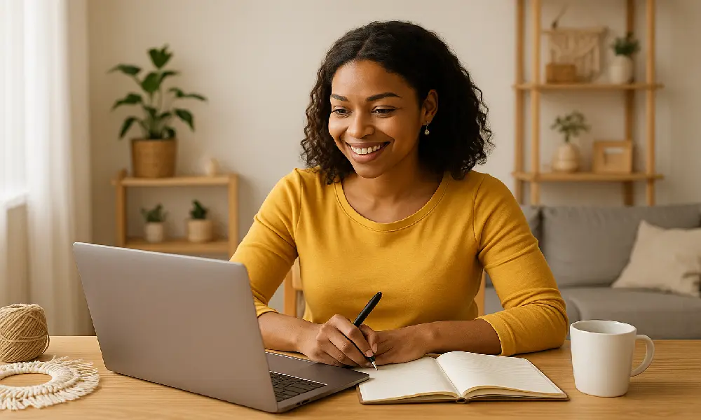 Mulher sorridente trabalhando no notebook e escrevendo em caderno, simbolizando início de jornada com propósito e ação prática