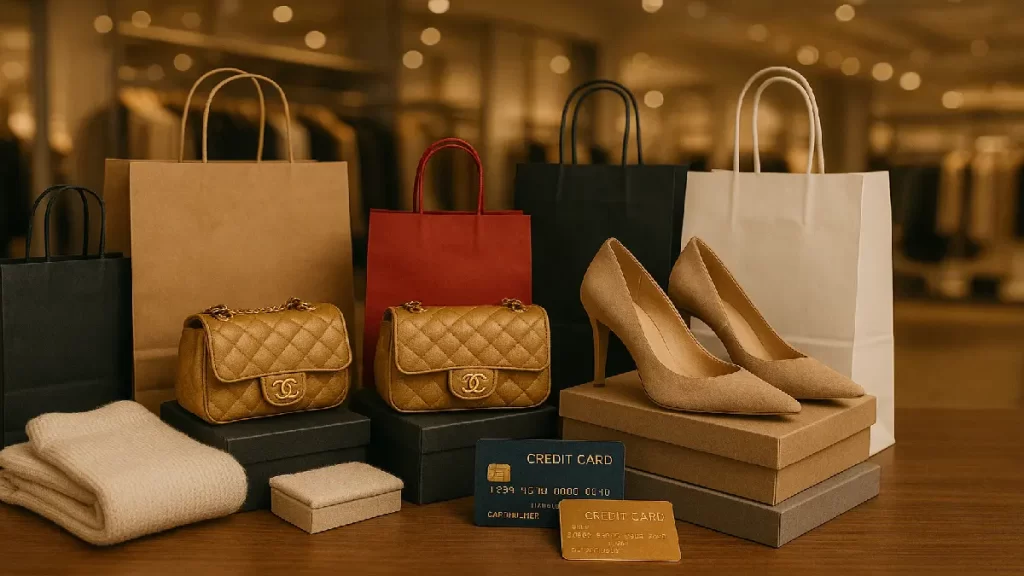 Carrinho de compras luxuoso com bolsas, sapatos e cartão de crédito, simbolizando um estilo de vida acima da renda e consumo por status.
