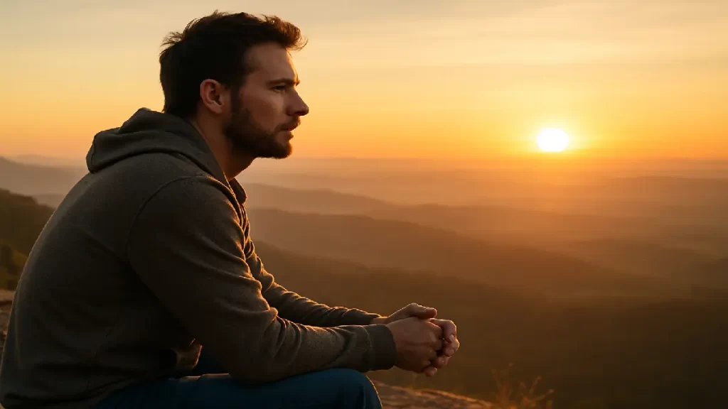 Homem refletindo sobre seu propósito de vida durante o pôr do sol em meio à natureza