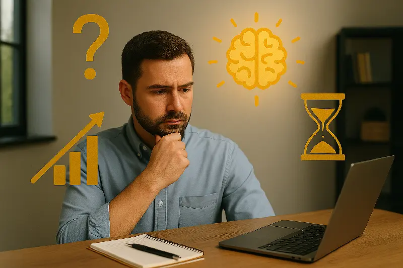 Homem pensativo diante de notebook com ícones dourados representando cérebro, tempo e progresso, simbolizando inteligência emocional e superação de desafios