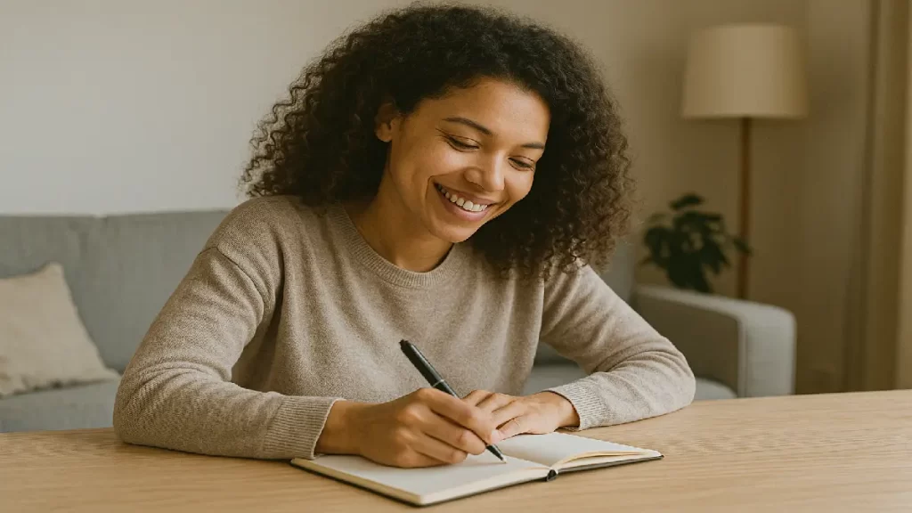 Mulher sorridente refletindo e escrevendo em caderno sobre o que lhe dá vida e o que lhe drena, em ambiente aconchegante