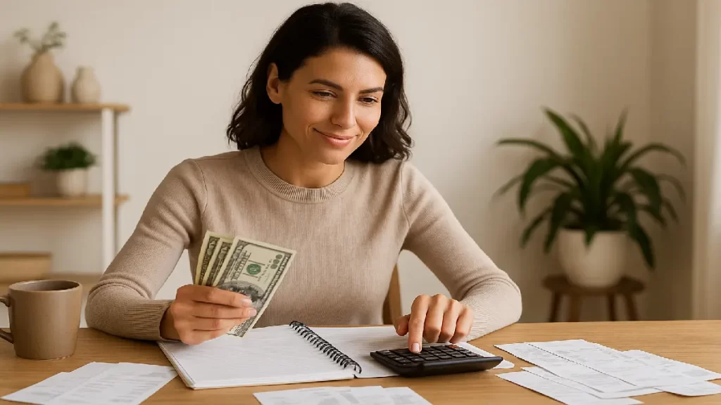 Mulher sorridente segurando dinheiro e usando calculadora enquanto organiza contas e orçamento, representando controle financeiro com propósito
