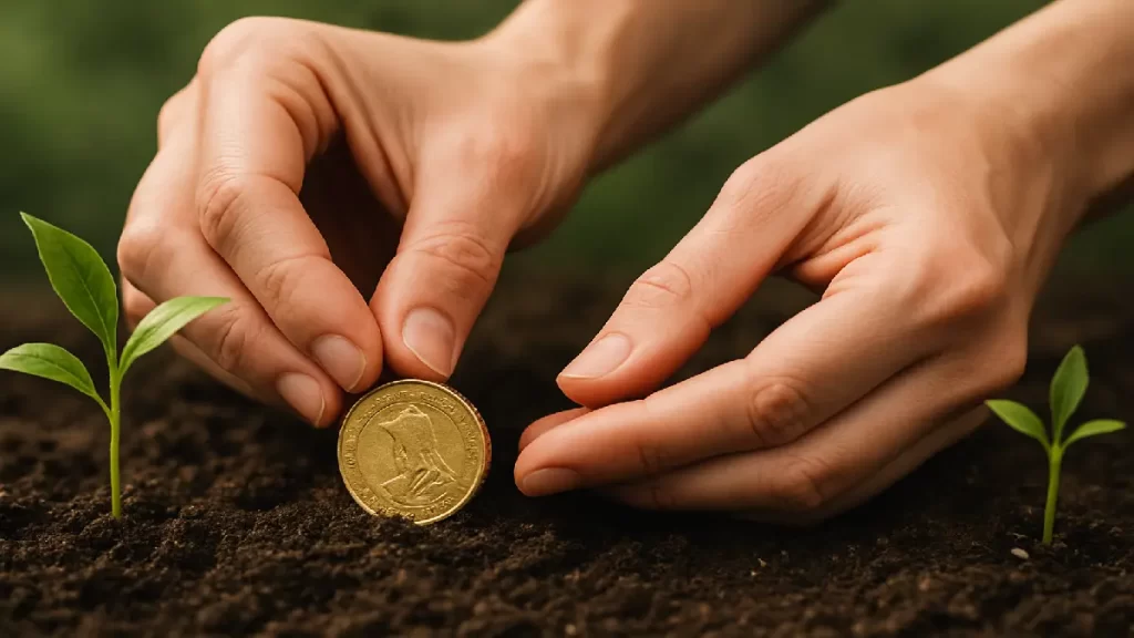Mãos plantando moeda no solo fértil ao lado de mudas verdes – simbolizando renda extra com propósito e crescimento financeiro consciente