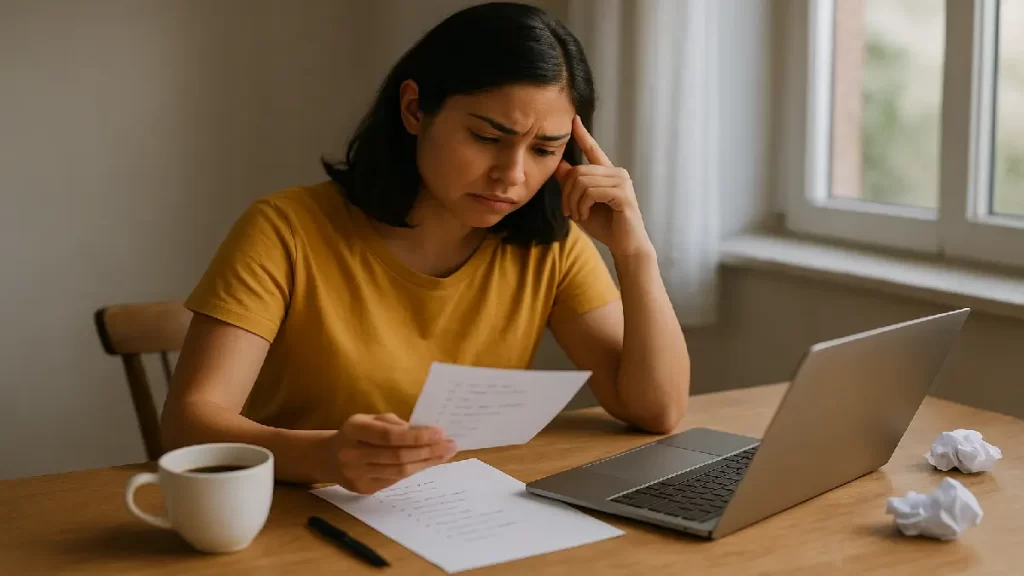 Mulher preocupada tentando planejar renda extra em casa, segurando lista de ideias ao lado do notebook e xícara de café