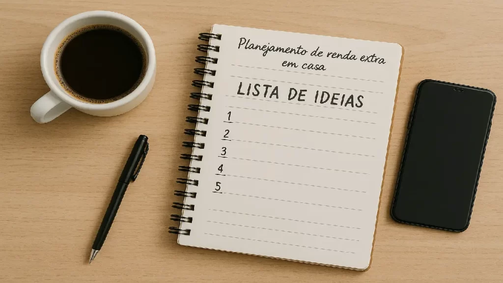 Planejamento de renda extra em casa com propósito – lista de ideias em caderno sobre mesa com café, caneta e celular