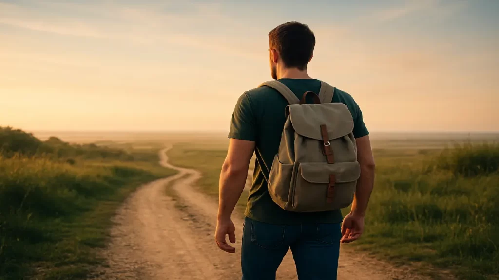 Homem com mochila observando estrada longa ao pôr do sol, simbolizando jornada de tomada de decisão empreendedora com propósito e coragem