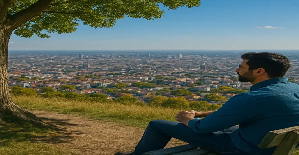 Homem refletindo sobre o futuro enquanto observa a cidade do alto, simbolizando clareza e propósito financeiro