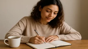 Mulher escrevendo em diário pessoal com expressão tranquila, representando prática de autoconhecimento e desenvolvimento interior, escrevendo como desenvolver seu interior