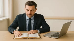 Empreendedor cristão lendo a Bíblia no escritório ao lado de um notebook, representando princípios bíblicos para empreendedores.